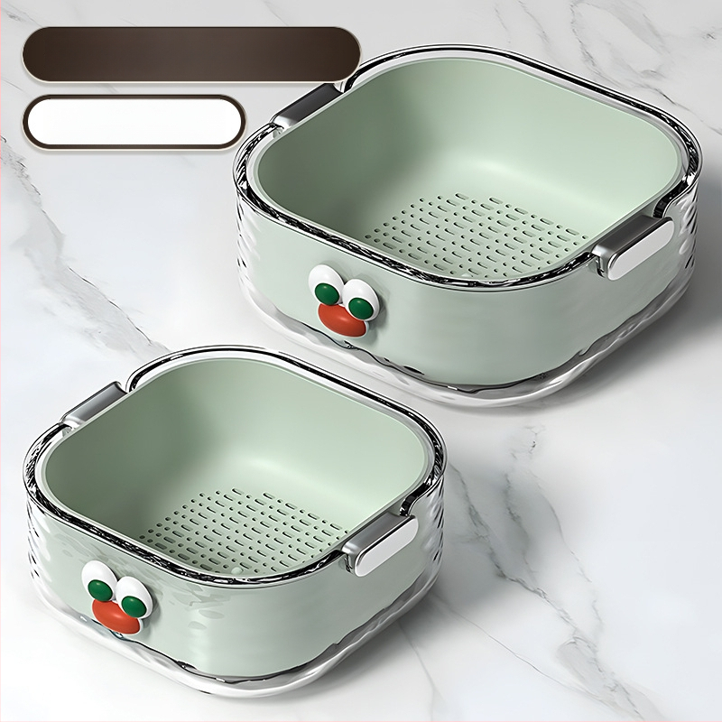 Двупластов басейн за миене на зеленчуци с дренажна кошница, PET пластмаса, карикатурен принт, модерен минималистичен стил, първокласно качество