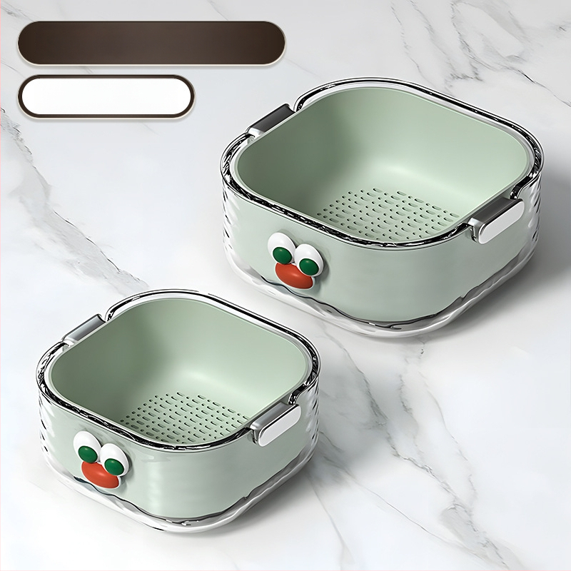 Двупластов басейн за миене на зеленчуци с дренажна кошница, PET пластмаса, карикатурен принт, модерен минималистичен стил, първокласно качество