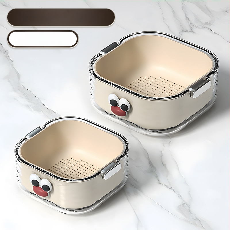 Двупластов басейн за миене на зеленчуци с дренажна кошница, PET пластмаса, карикатурен принт, модерен минималистичен стил, първокласно качество