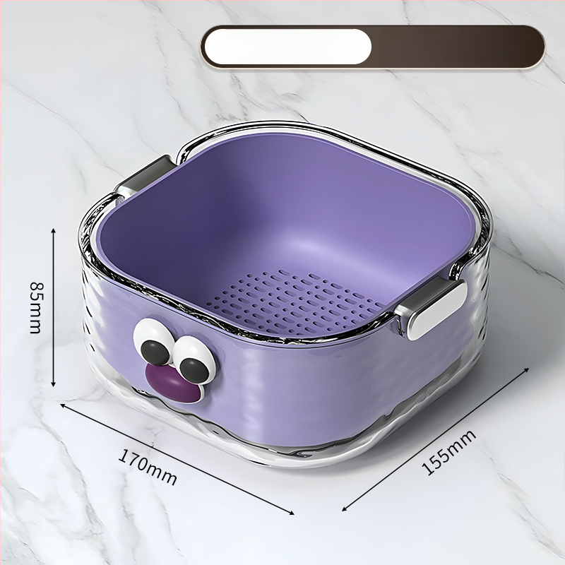 Двупластов басейн за миене на зеленчуци с дренажна кошница, PET пластмаса, карикатурен принт, модерен минималистичен стил, първокласно качество