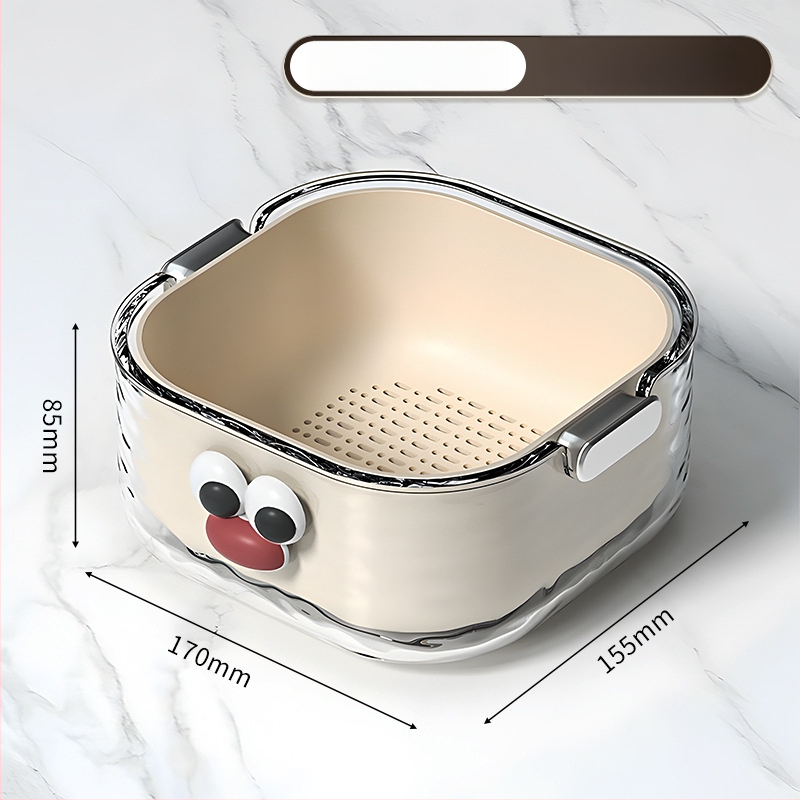 Двупластов басейн за миене на зеленчуци с дренажна кошница, PET пластмаса, карикатурен принт, модерен минималистичен стил, първокласно качество