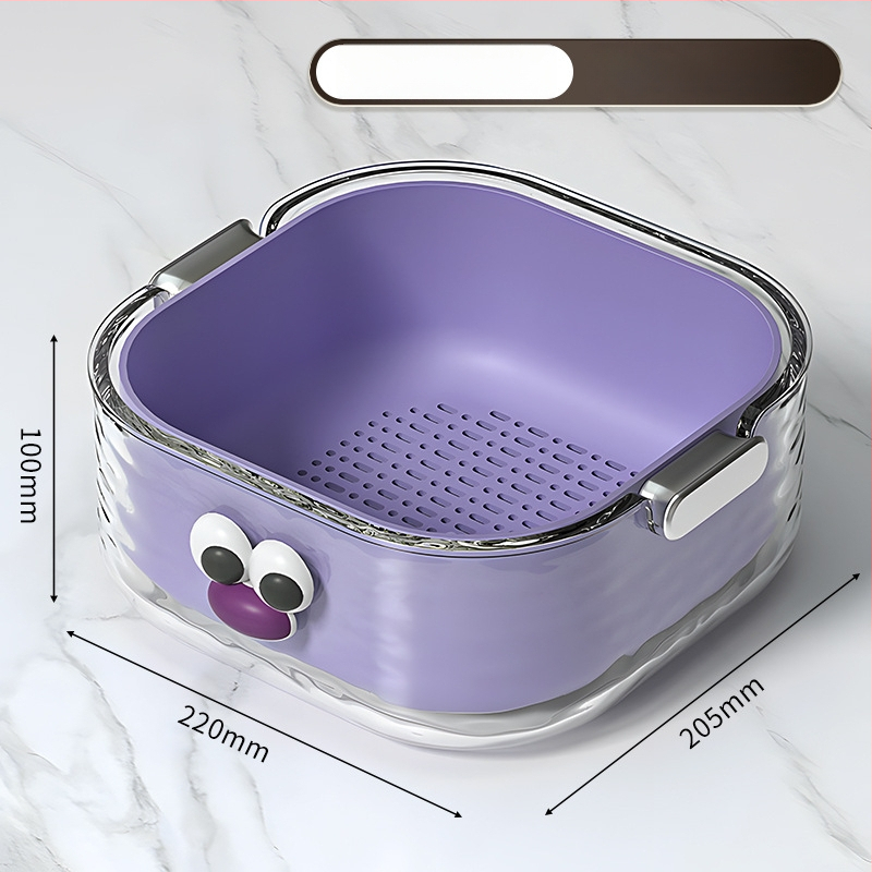 Двупластов басейн за миене на зеленчуци с дренажна кошница, PET пластмаса, карикатурен принт, модерен минималистичен стил, първокласно качество