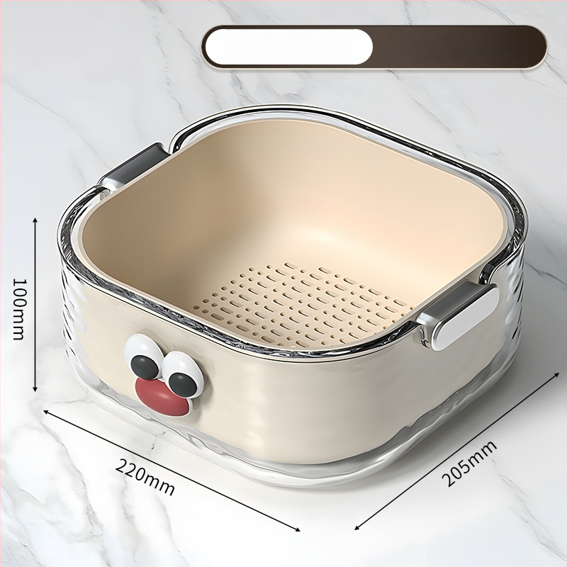 Двупластов басейн за миене на зеленчуци с дренажна кошница, PET пластмаса, карикатурен принт, модерен минималистичен стил, първокласно качество