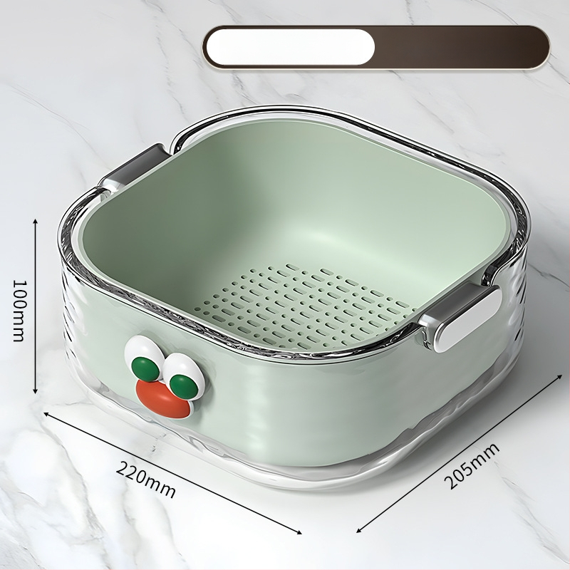 Двупластов басейн за миене на зеленчуци с дренажна кошница, PET пластмаса, карикатурен принт, модерен минималистичен стил, първокласно качество