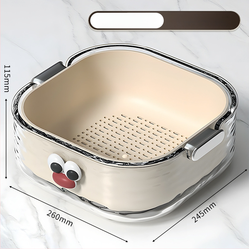 Двупластов басейн за миене на зеленчуци с дренажна кошница, PET пластмаса, карикатурен принт, модерен минималистичен стил, първокласно качество