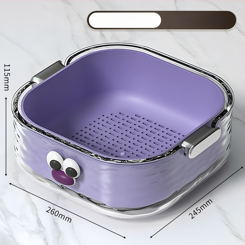 Двупластов басейн за миене на зеленчуци с дренажна кошница, PET пластмаса, карикатурен принт, модерен минималистичен стил, първокласно качество