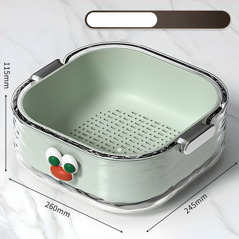 Двупластов басейн за миене на зеленчуци с дренажна кошница, PET пластмаса, карикатурен принт, модерен минималистичен стил, първокласно качество