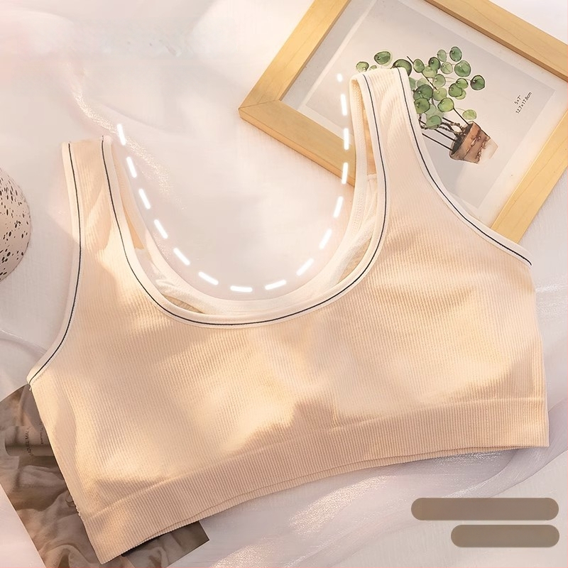 Lányoknak edzőmelltartó – varrás nélküli top-stílus, teljes kosár, vékony formázott kosár, fő anyag nejlon, bélés pamut 90–95%, rögzített dupla vállpántok, 12-15 évesek számára