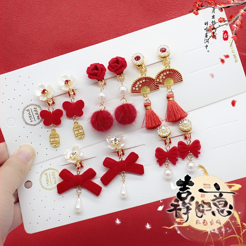 Ушна клипса с помпон, етно стил за деца, принцес серия, кристален акцент, самостоятелна опаковка