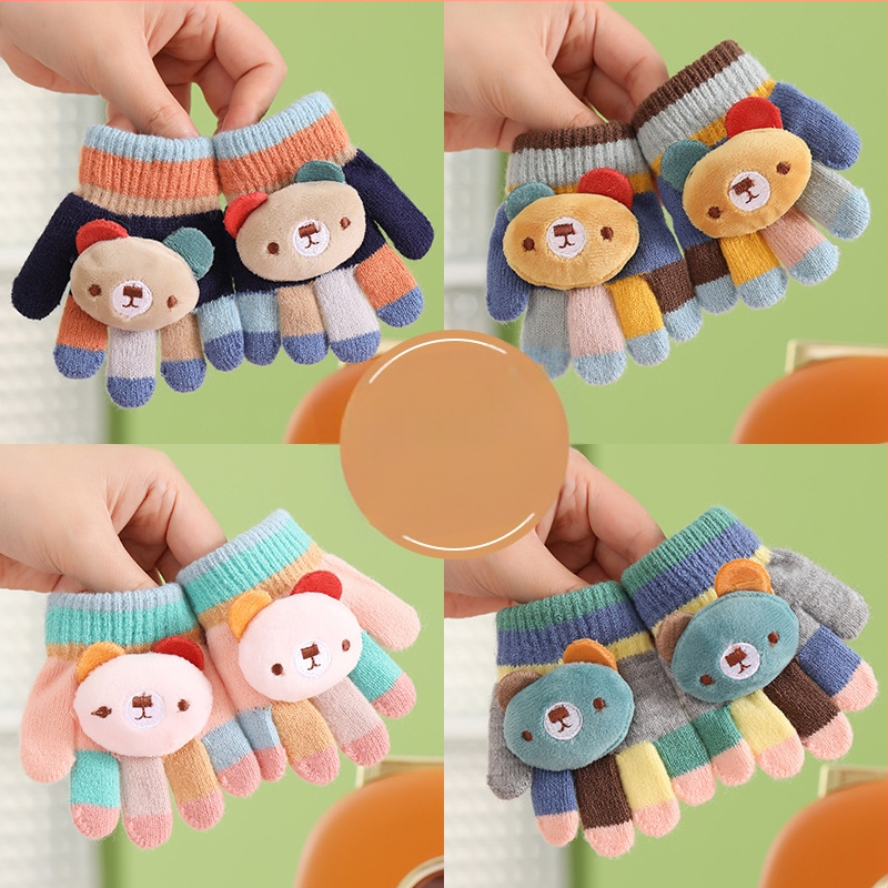 Βρεφικά ζεστά πλεκτά γάντια με πέντε δάχτυλα, μοτίβο αρκούδας σε ρίγες, μαλλί αλπάκα, unisex, φθινοπωρινό-χειμωνιάτικο, ηλικία 0–3 ετών