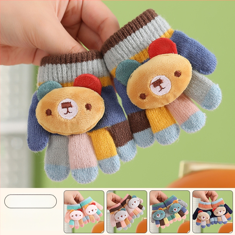 Βρεφικά ζεστά πλεκτά γάντια με πέντε δάχτυλα, μοτίβο αρκούδας σε ρίγες, μαλλί αλπάκα, unisex, φθινοπωρινό-χειμωνιάτικο, ηλικία 0–3 ετών