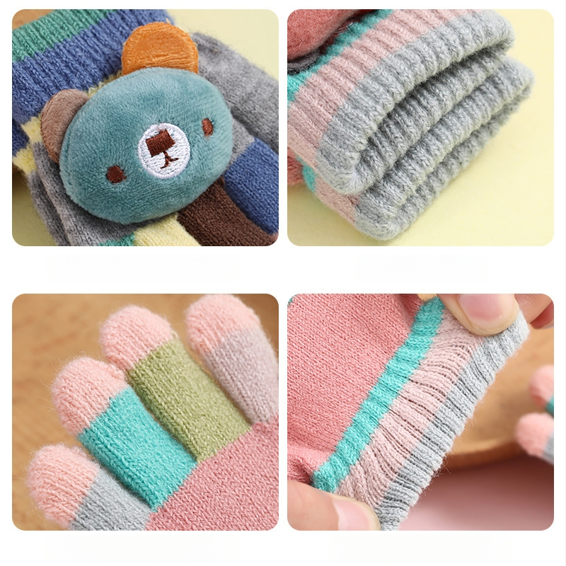 Βρεφικά ζεστά πλεκτά γάντια με πέντε δάχτυλα, μοτίβο αρκούδας σε ρίγες, μαλλί αλπάκα, unisex, φθινοπωρινό-χειμωνιάτικο, ηλικία 0–3 ετών