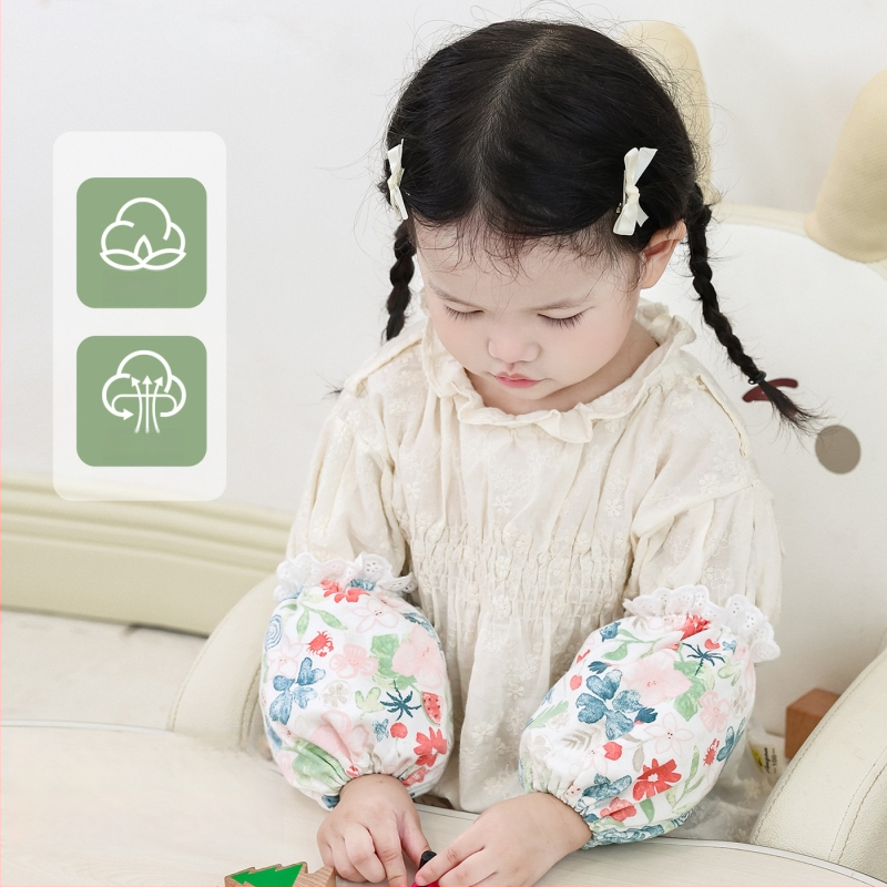 Bērnu kokvilnas mežģīņu piedurknes – pret netīrumiem, ziedu raksts, ziemas–pavasara–rudens sezonai, meitenēm no 0 līdz 13 gadiem.