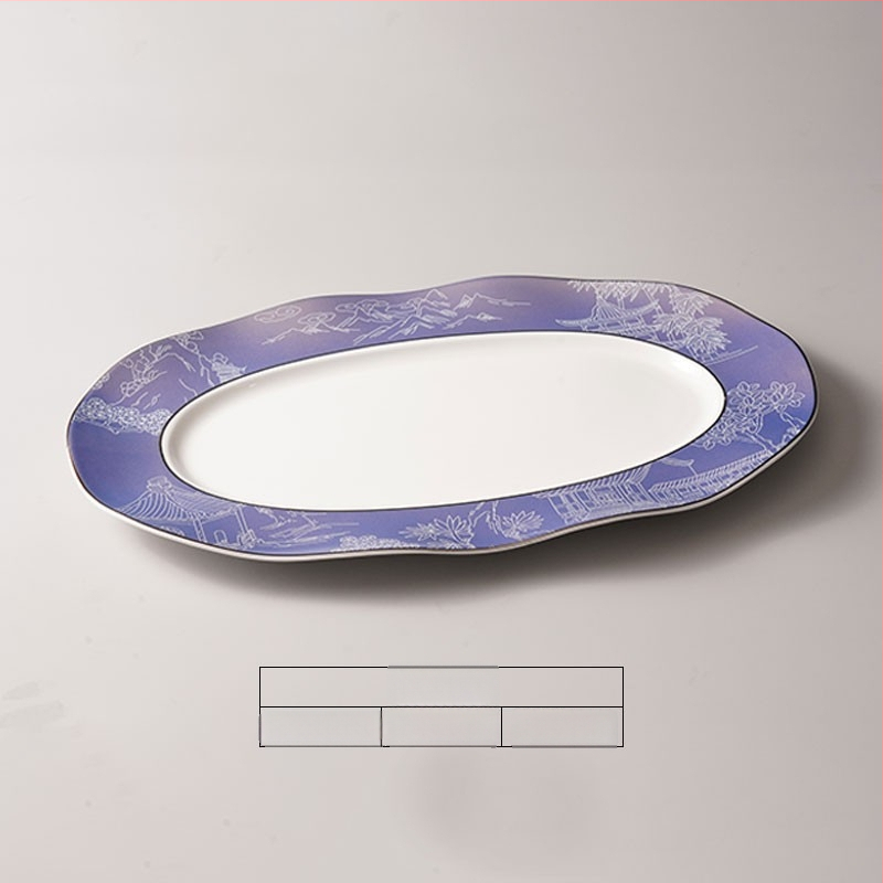 Halas tál széles élű hullámos ovális dizájnnal, kerek formájú, szállodai molekuláris konyha étkészlethez