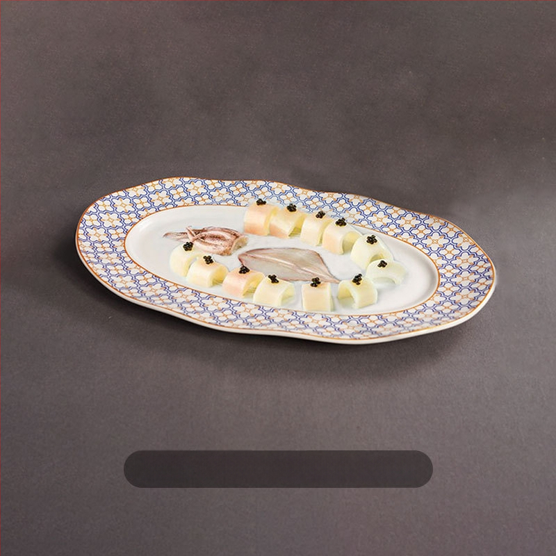 Halas tál széles élű hullámos ovális dizájnnal, kerek formájú, szállodai molekuláris konyha étkészlethez