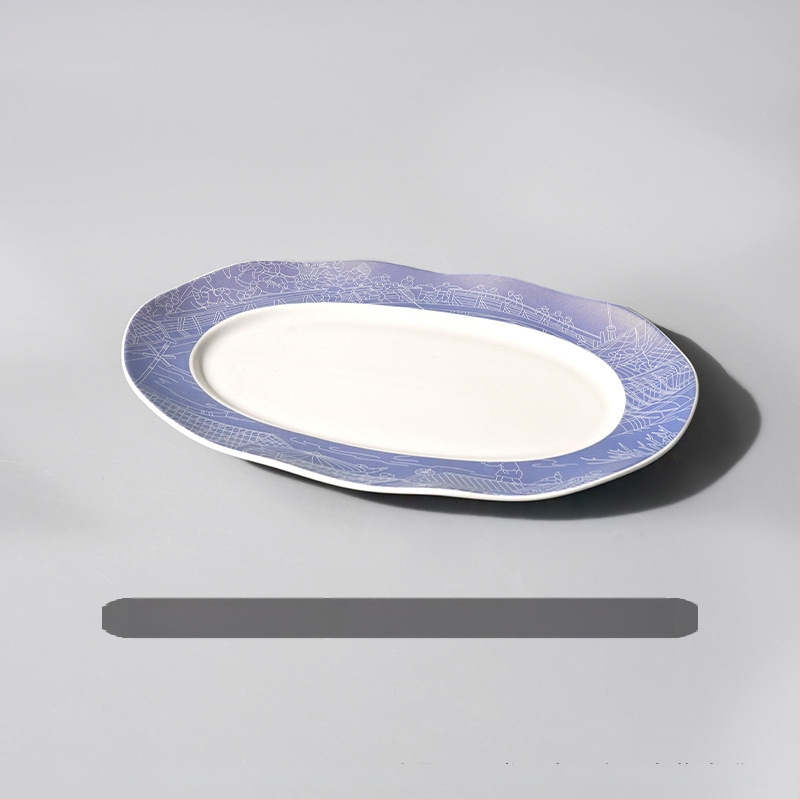 Halas tál széles élű hullámos ovális dizájnnal, kerek formájú, szállodai molekuláris konyha étkészlethez