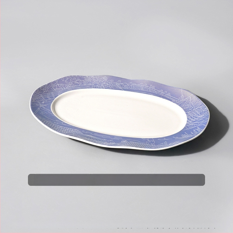 Halas tál széles élű hullámos ovális dizájnnal, kerek formájú, szállodai molekuláris konyha étkészlethez