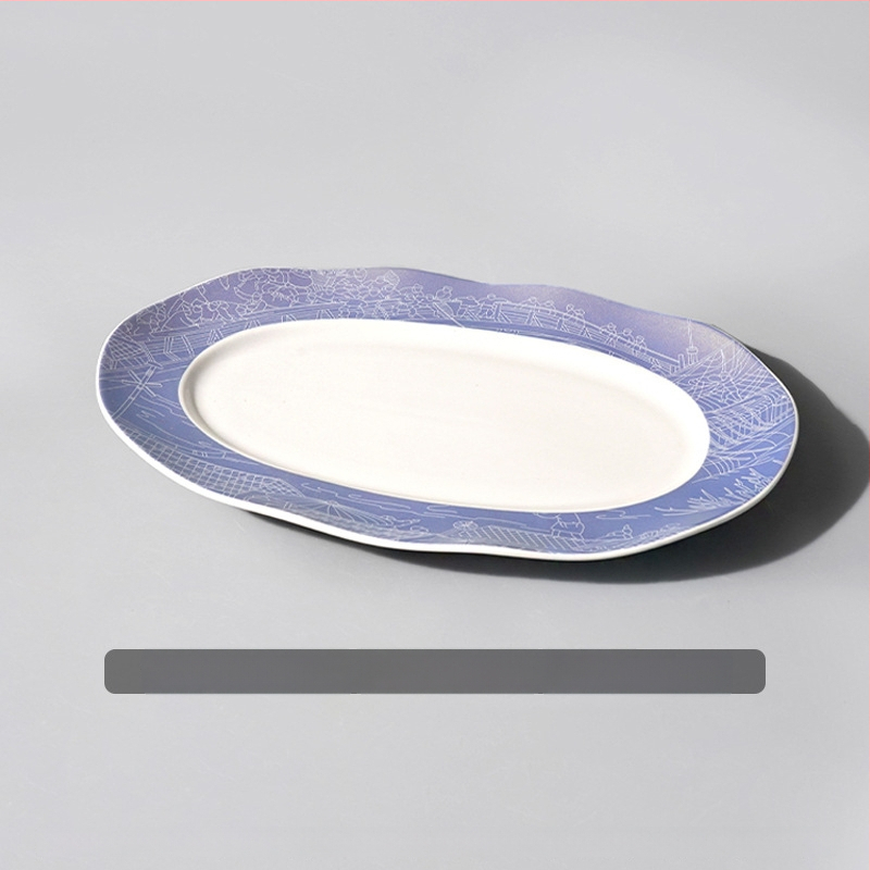 Halas tál széles élű hullámos ovális dizájnnal, kerek formájú, szállodai molekuláris konyha étkészlethez