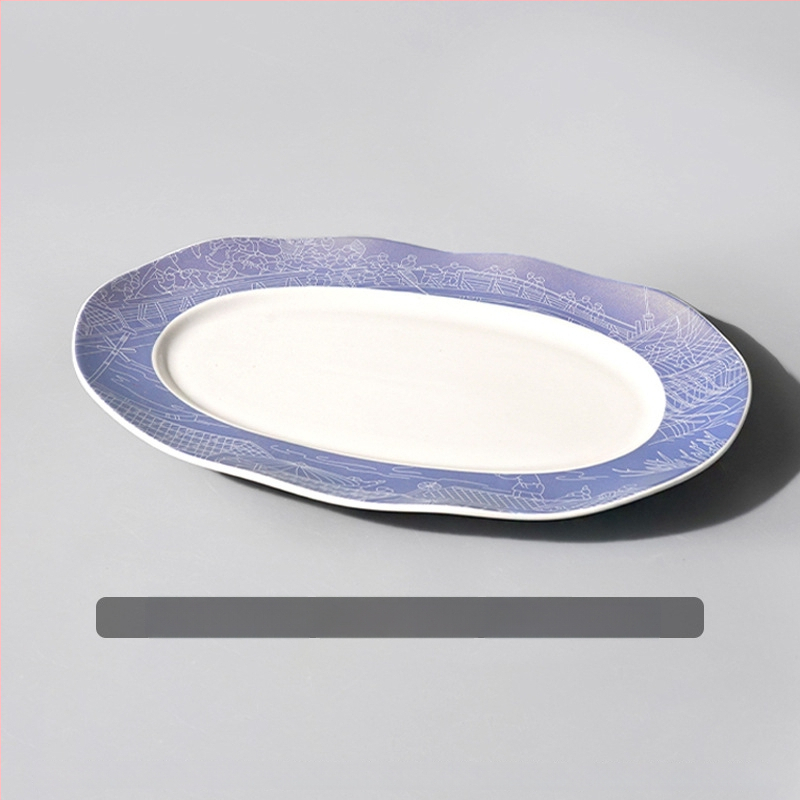 Halas tál széles élű hullámos ovális dizájnnal, kerek formájú, szállodai molekuláris konyha étkészlethez