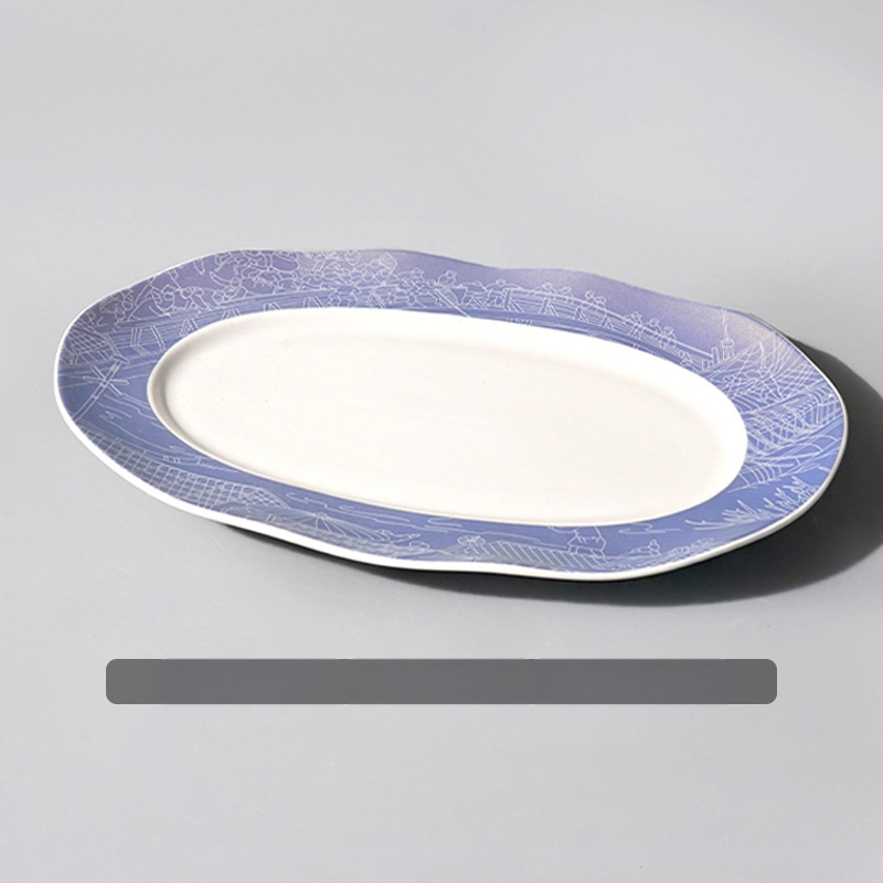 Halas tál széles élű hullámos ovális dizájnnal, kerek formájú, szállodai molekuláris konyha étkészlethez