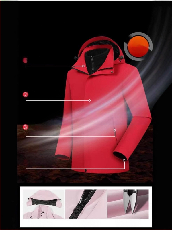 Trys viename striukė su nuimamamu gobtuvu ir logotipo spauda, poliesterio audinys, stovinti apykaklė, užtrauktukas, laisvas kirpimas