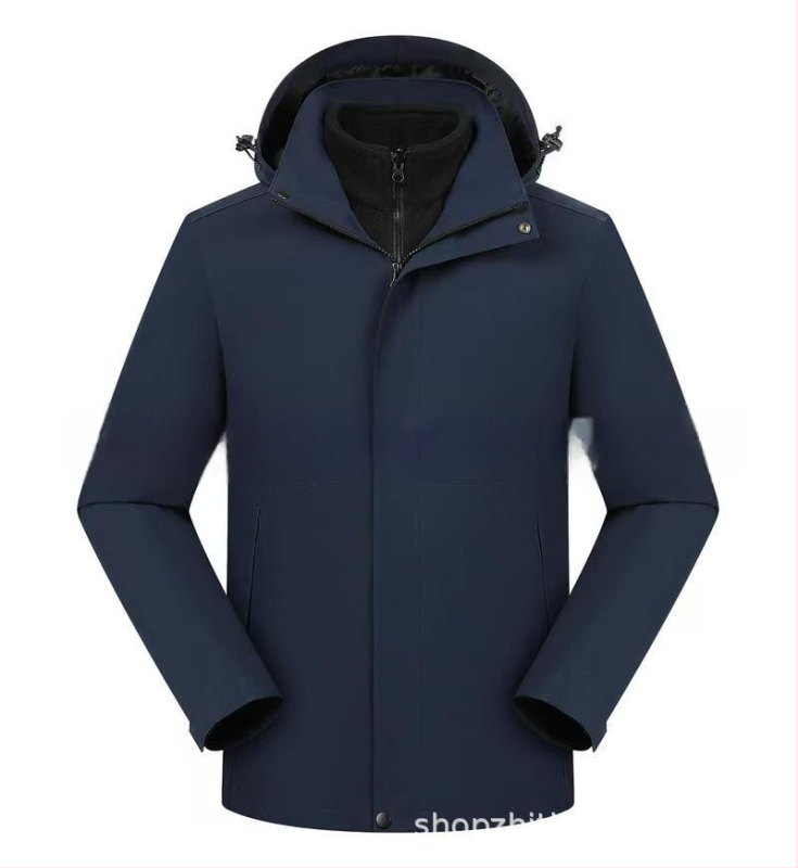 Trys viename striukė su nuimamamu gobtuvu ir logotipo spauda, poliesterio audinys, stovinti apykaklė, užtrauktukas, laisvas kirpimas