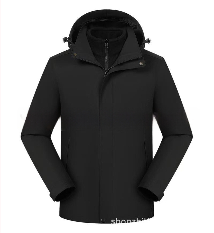 Trys viename striukė su nuimamamu gobtuvu ir logotipo spauda, poliesterio audinys, stovinti apykaklė, užtrauktukas, laisvas kirpimas