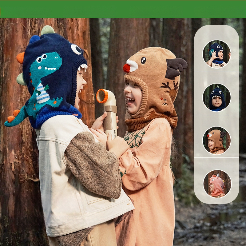 Kocotree Laste ühiselt kootud müts integreeritud dinosauruse salliga – talv, kupolita tipp, 4–6 aastat