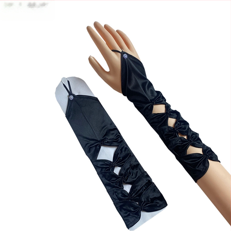 Līgavas cimdi kleitai - izgriezti paneļi, bez pirkstiem, elastīgi, vidēja garuma, pērļu izšuvums