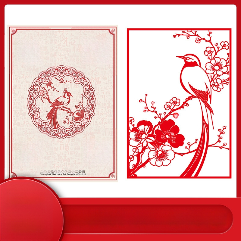 Rankų darbo popieriaus karpymo meno kūrinys, kinų stiliaus motyvais: gėlės, paukščiai, zodiakas, vaisiai; lango dekoras pavasario šventei