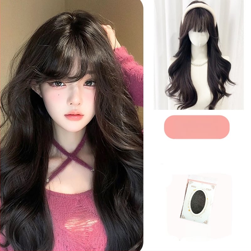 Perucă, păr lung buclat, breton, acoperire completă a capului, fibră rezistentă la temperaturi înalte