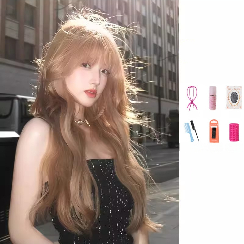 Perucă, păr lung buclat, breton, acoperire completă a capului, fibră rezistentă la temperaturi înalte