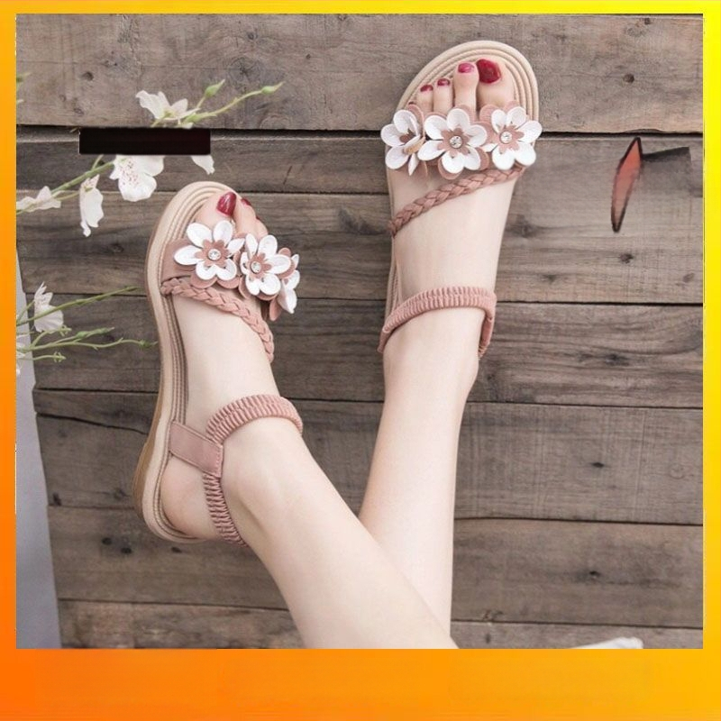 Σανδάλια με ιμές και φλοράλ διακόσμηση, κορεατικό στυλ, ανοιχτό δάχτυλο, χαμηλό τακούνι έως 3 εκ, γλατιατόρ λουριά