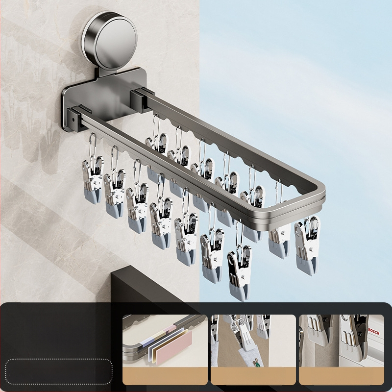 Danle Balkono džiovyklių laikiklis su siurbimo taurėmis, sulankstomas su keliomis klipėmis, sieninis, skirtas apatiniams drabužiams ir kojinėms, modelis 115, medžiagos: Space aluminum + carbon steel + silicone + plastic