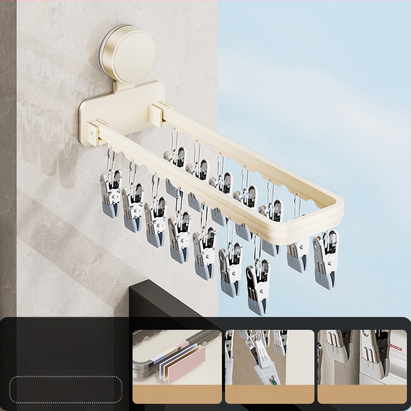 Danle Balkono džiovyklių laikiklis su siurbimo taurėmis, sulankstomas su keliomis klipėmis, sieninis, skirtas apatiniams drabužiams ir kojinėms, modelis 115, medžiagos: Space aluminum + carbon steel + silicone + plastic