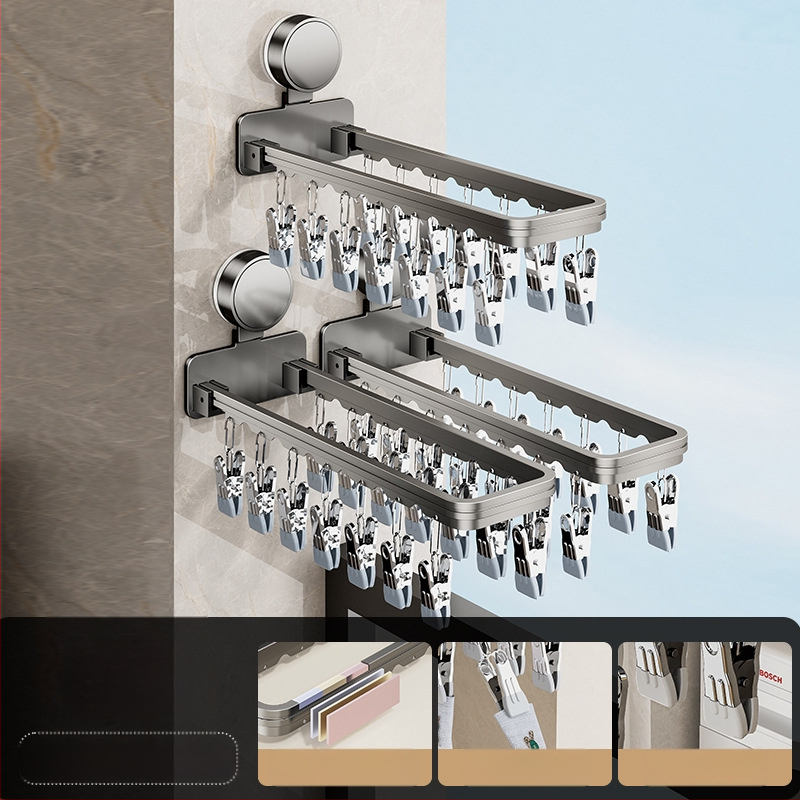 Danle Balkono džiovyklių laikiklis su siurbimo taurėmis, sulankstomas su keliomis klipėmis, sieninis, skirtas apatiniams drabužiams ir kojinėms, modelis 115, medžiagos: Space aluminum + carbon steel + silicone + plastic