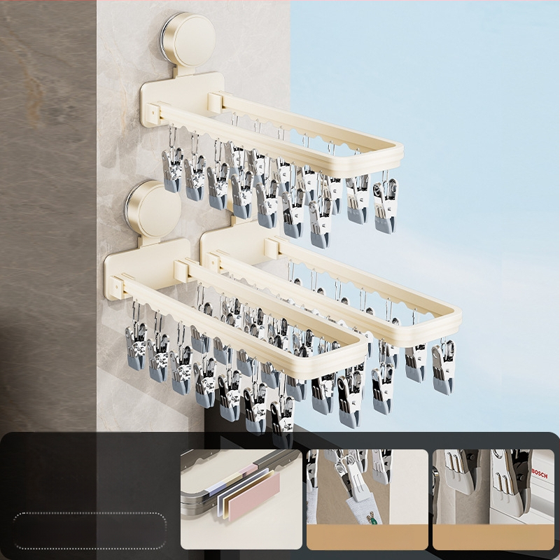 Danle Balkono džiovyklių laikiklis su siurbimo taurėmis, sulankstomas su keliomis klipėmis, sieninis, skirtas apatiniams drabužiams ir kojinėms, modelis 115, medžiagos: Space aluminum + carbon steel + silicone + plastic