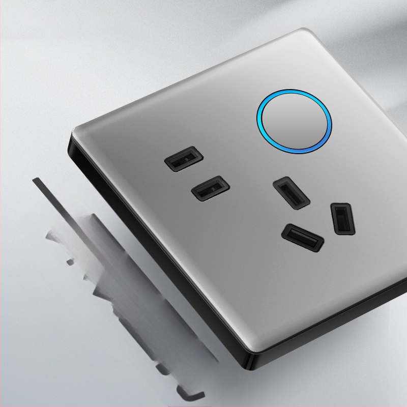 Priză USB ascunsă cu întrerupător din sticlă temperată, tip 86, LED, montaj 60x60 mm, contacte din bronz tin-fosfor