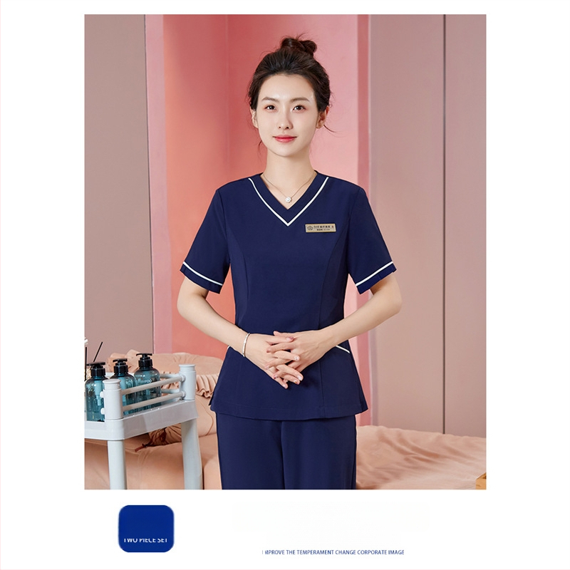 Unisex darba apģērbs skaistumkopšanas tehniķiem ar radiācijas aizsardzību, poliestera-spandeksa audums, garās piedurknes, V formas kakls