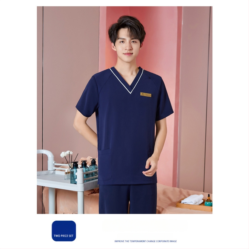 Unisex darba apģērbs skaistumkopšanas tehniķiem ar radiācijas aizsardzību, poliestera-spandeksa audums, garās piedurknes, V formas kakls