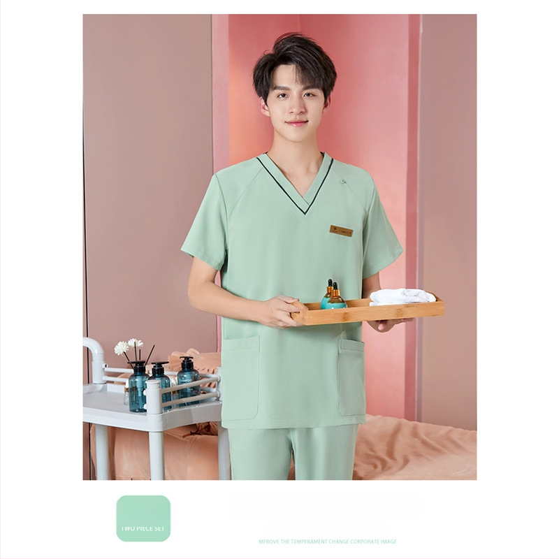 Unisex darba apģērbs skaistumkopšanas tehniķiem ar radiācijas aizsardzību, poliestera-spandeksa audums, garās piedurknes, V formas kakls