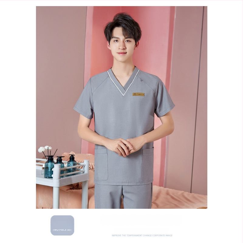 Unisex darba apģērbs skaistumkopšanas tehniķiem ar radiācijas aizsardzību, poliestera-spandeksa audums, garās piedurknes, V formas kakls