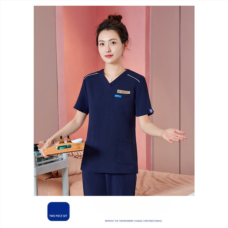 Unisex darba apģērbs skaistumkopšanas tehniķiem ar radiācijas aizsardzību, poliestera-spandeksa audums, garās piedurknes, V formas kakls