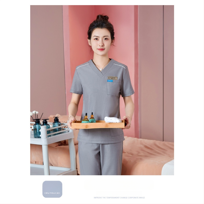 Unisex darba apģērbs skaistumkopšanas tehniķiem ar radiācijas aizsardzību, poliestera-spandeksa audums, garās piedurknes, V formas kakls