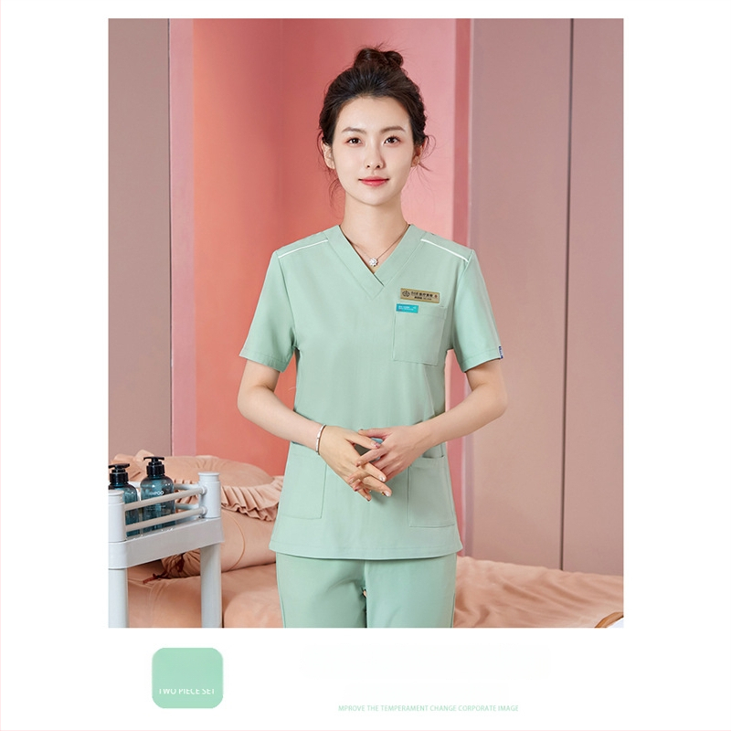 Unisex darba apģērbs skaistumkopšanas tehniķiem ar radiācijas aizsardzību, poliestera-spandeksa audums, garās piedurknes, V formas kakls