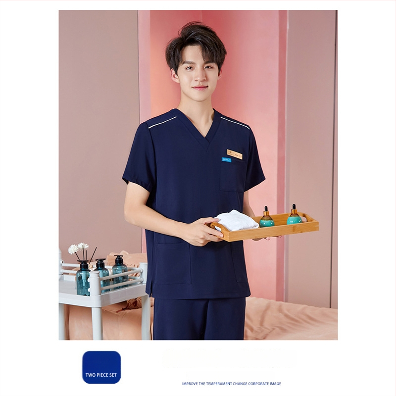 Unisex darba apģērbs skaistumkopšanas tehniķiem ar radiācijas aizsardzību, poliestera-spandeksa audums, garās piedurknes, V formas kakls