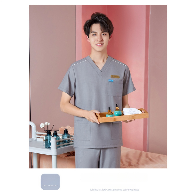 Unisex darba apģērbs skaistumkopšanas tehniķiem ar radiācijas aizsardzību, poliestera-spandeksa audums, garās piedurknes, V formas kakls