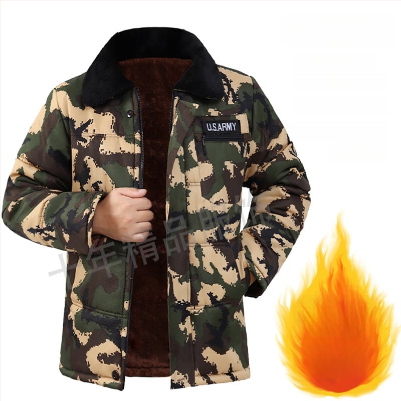 Мъжко памучно работно яке с качулка, подплатено флийсом, камуфлажен принт