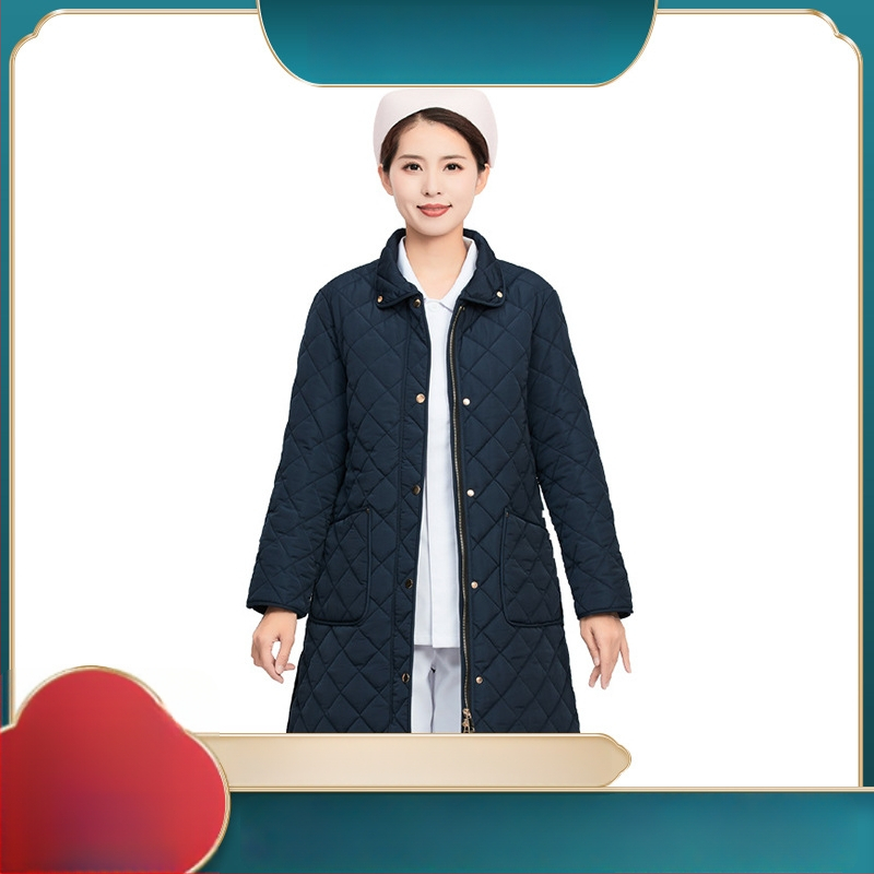 Slaugytojo palto su medvilnės įdaru, poliesterio audinys, ilgas kirpimas, ilgos rankovės, vienos eilės užsegimas