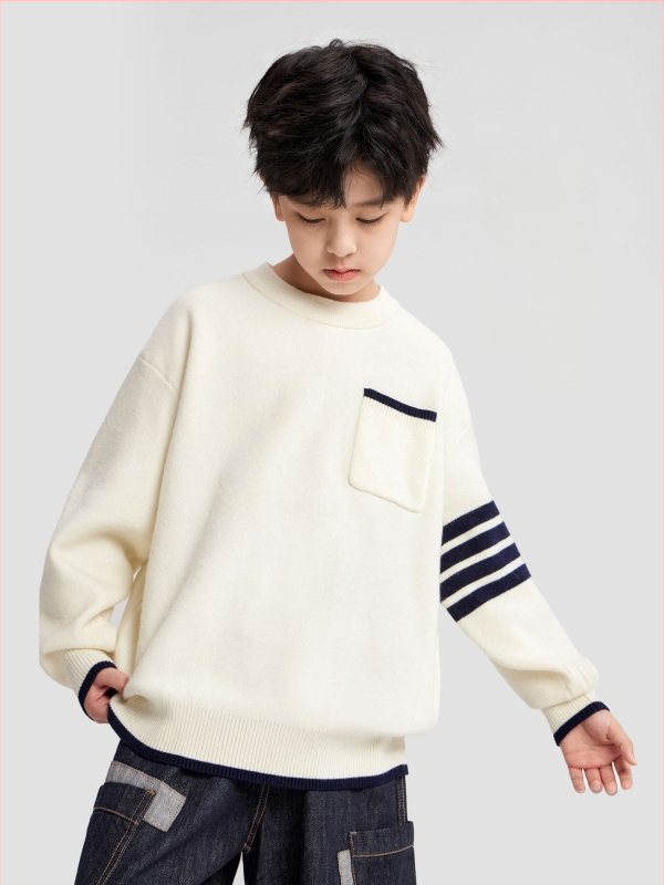 Bērnu svītrainas adīts džemperis, garās piedurknes, apaļš kakls, galvenā auduma 77% poliestera, korejiešu stils